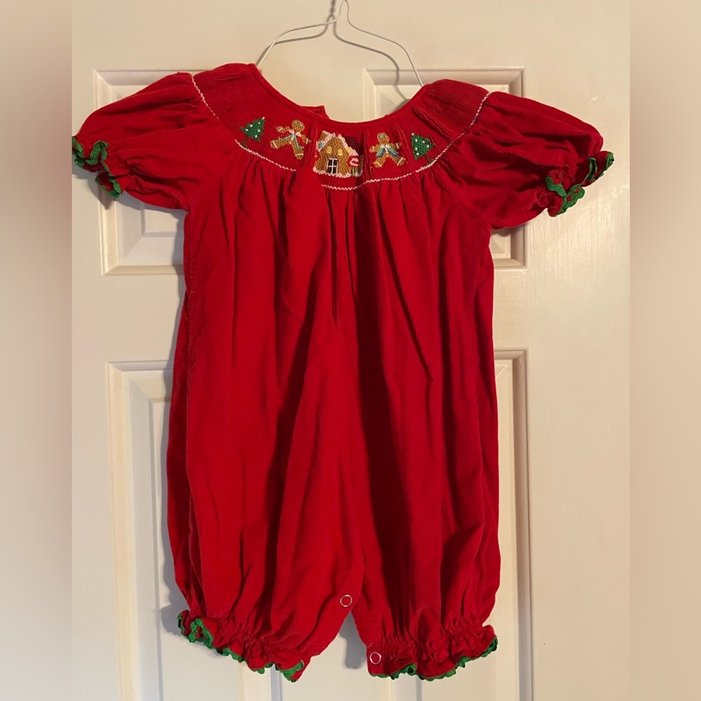 Smocked corduroy Christmas romper